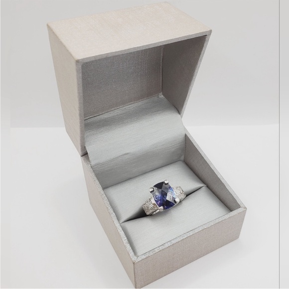 Checkerboard Cut Genuine Tanzanite & Diamond Simulant 925 Sterling Silver Ring - Picture 7 of 7